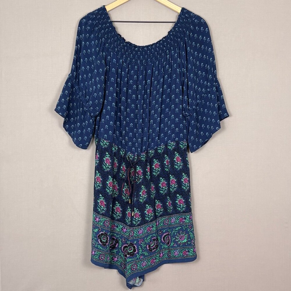 Anthropologie Ett:twa Kaleo Off Shoulder Boho Shorts Romper Blue Print Size M